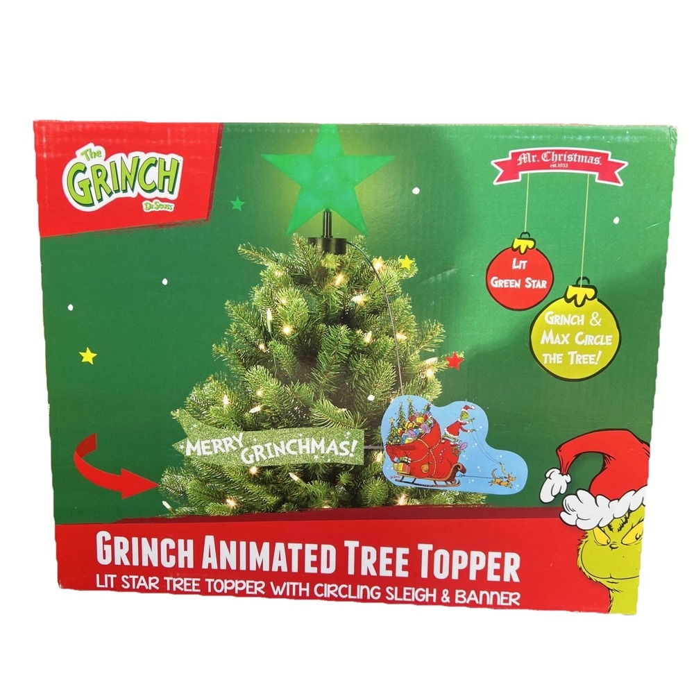 Mr Christmas Grinch Animated Lighted Tree Topper LED Star Sleigh Banner NIB 21"